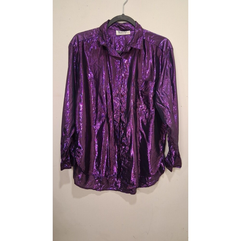 Vtg "Year Of" Metallic Purple Lightweight Long Sleeve Blouse/Top Button Up Med